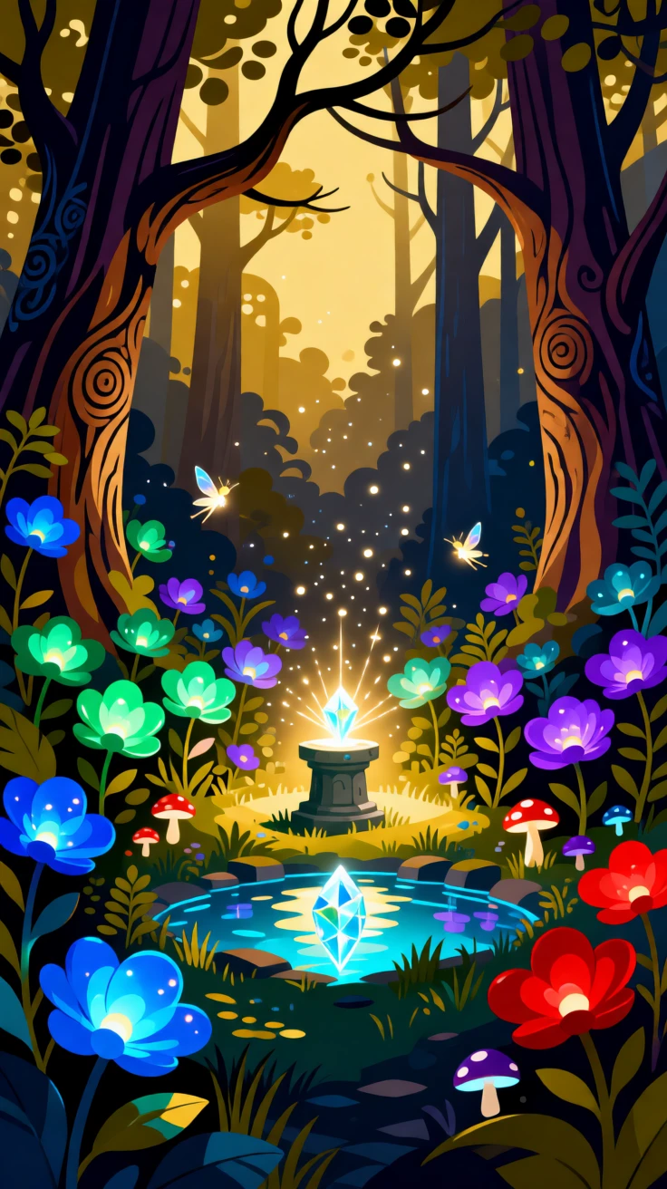 A hidden fairy glen glowing with bioluminescent flowers at night, set within a mystical kingdom shrouded in soft golden light, arranged with soft glowing light radiating from the center, with rich jewel tones that evoke wonder and imagination.
