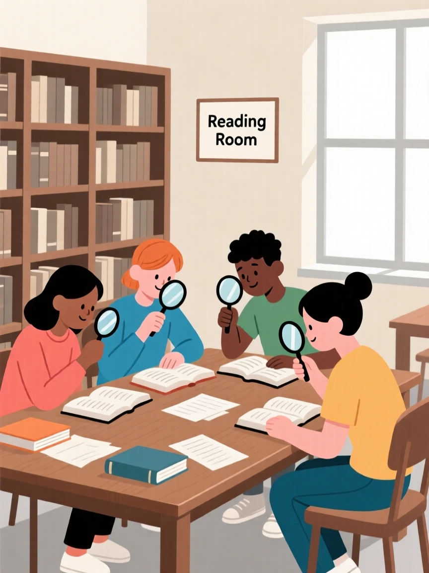 A group of students exploring with magnifying glasses in a library reading room.