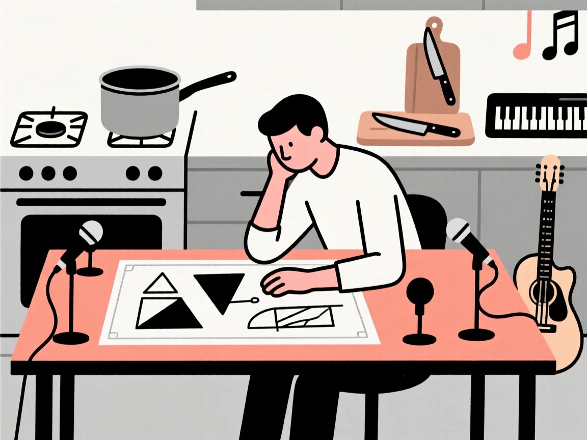 A focused designer at a drafting table working at a bustling professional kitchen, surrounded by microphones and instruments, expressing creative problem-solving.