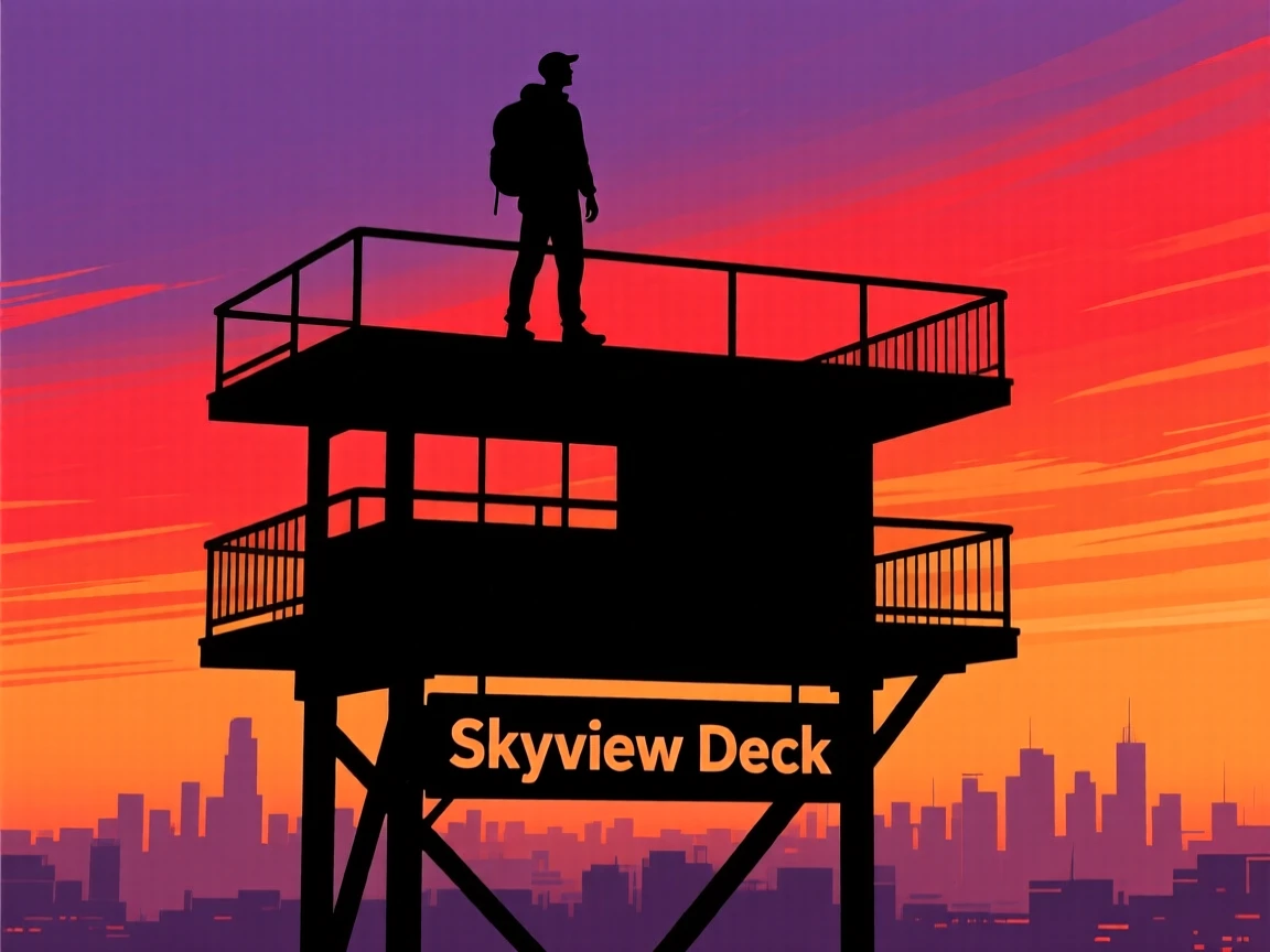A traveler standing atop a double-decker viewpoint overlooking a foreign city.