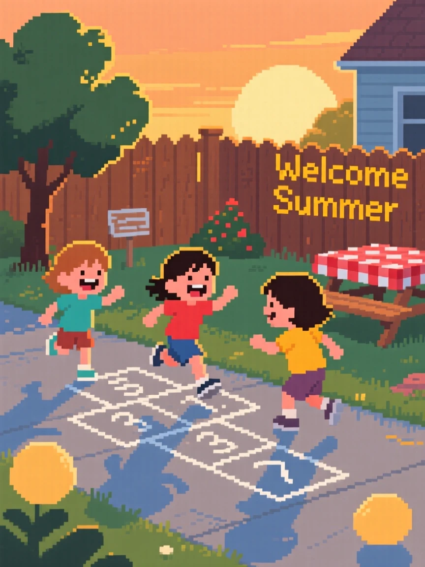 Kids playing hopscotch laughing together on a warm summer evening, in a backyard set up for a summer evening.