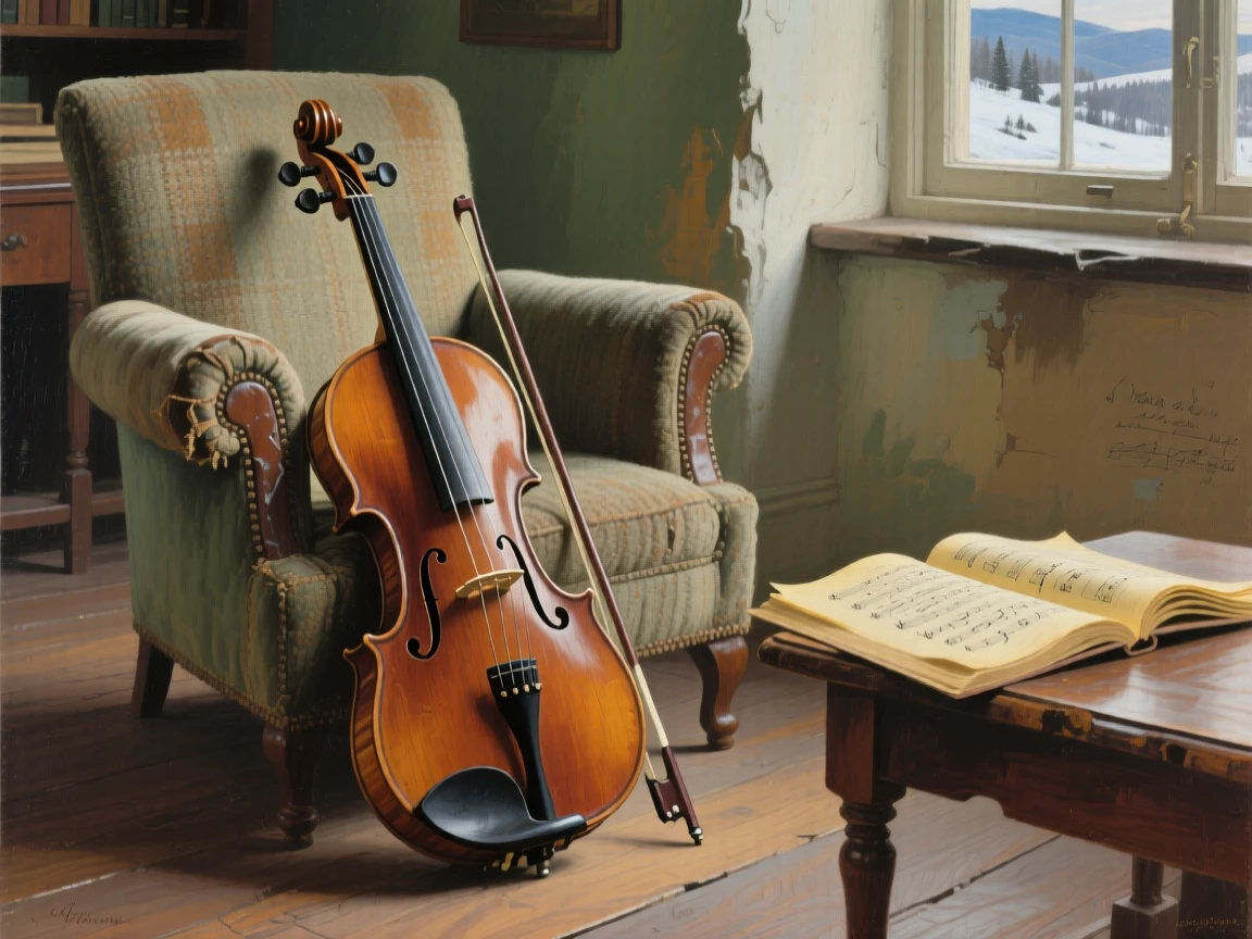 A detailed close shot of a violin leaning against a worn armchair beside sheet music, in the quiet stillness of midwinter, in the Scottish Highlands.