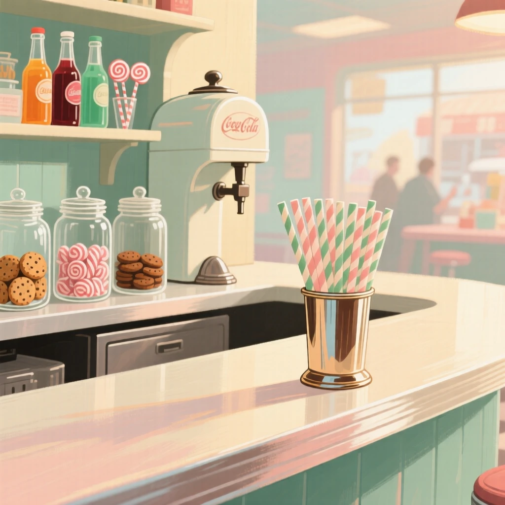 A vintage soda fountain counter with striped straws and glass jars