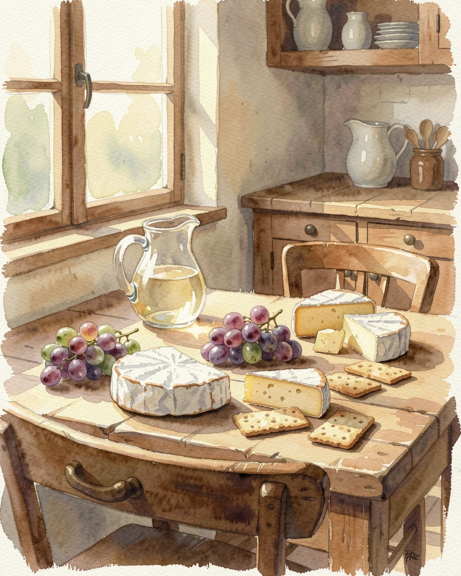 A picnic spread of cheese, grapes, and crackers on a farmhouse kitchen table with sunlight catching the glass.