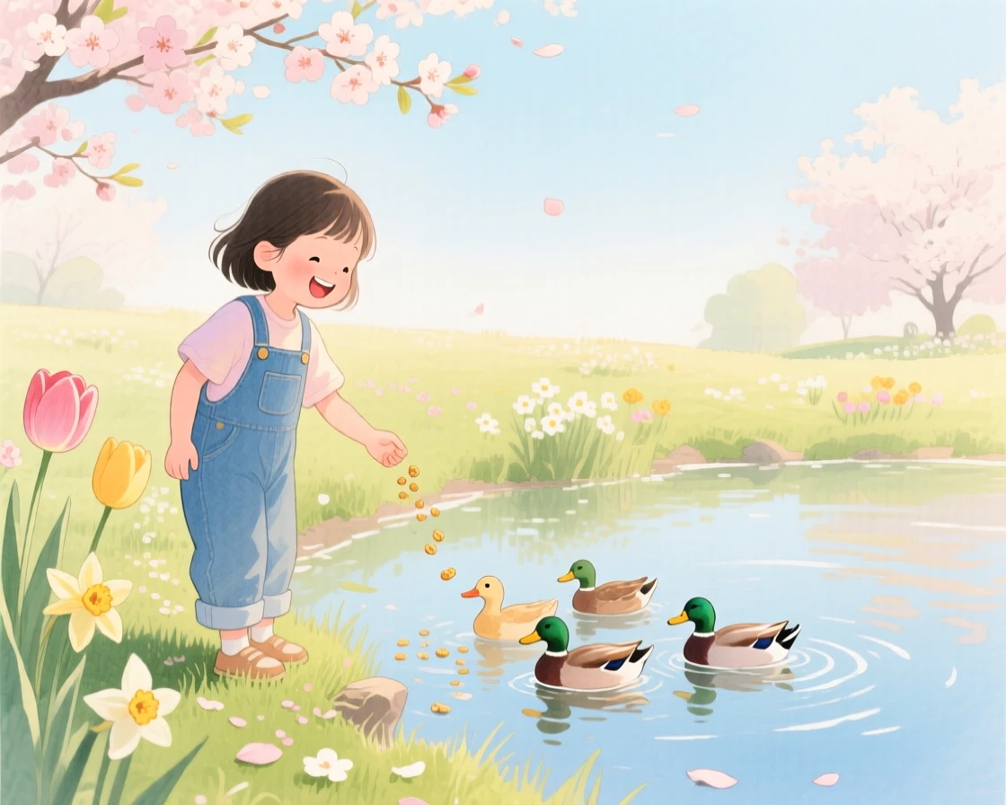 A little girl in overalls feeds ducks at a quiet pond in a blooming spring garden, laughter and joy filling the warm afternoon air