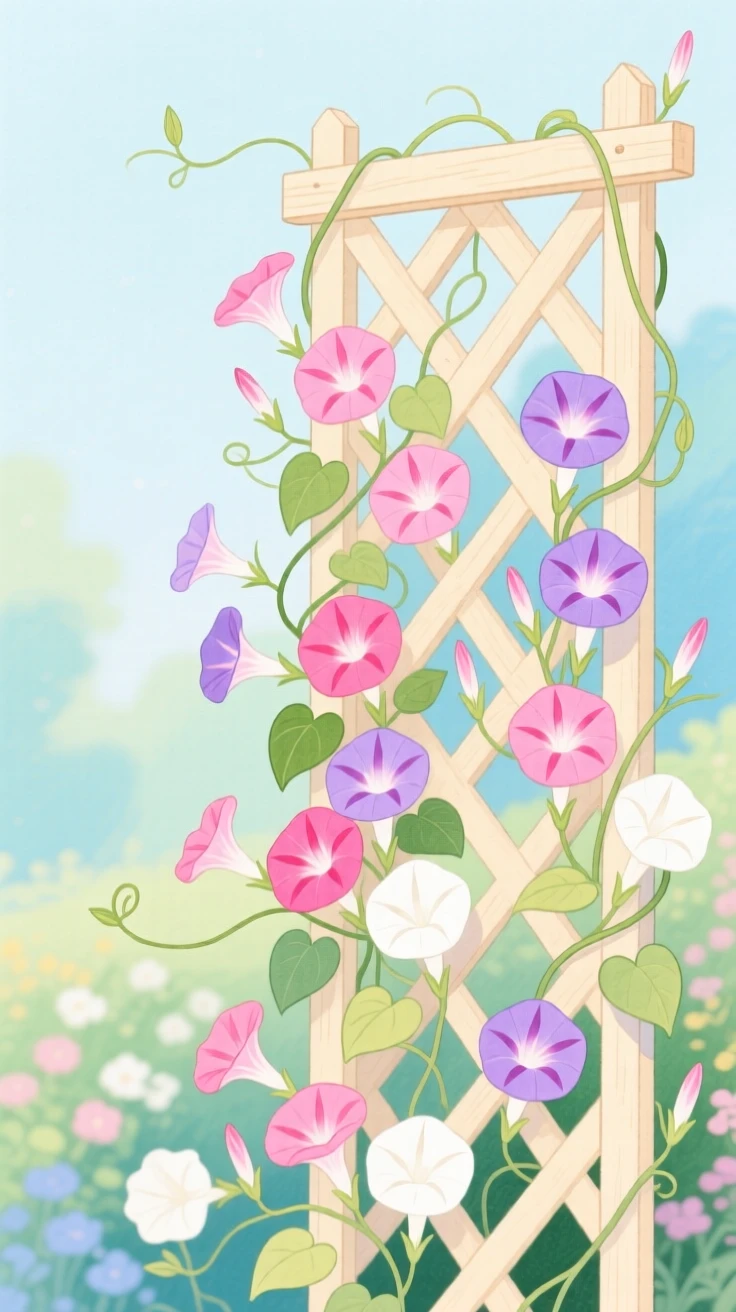 A gentle still-life scene featuring a garden trellis covered in climbing sweet peas.
