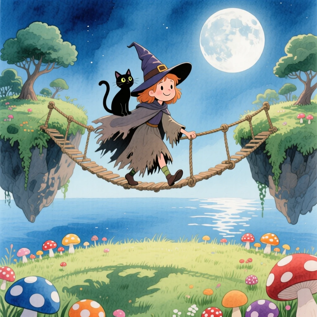 A witch with a friendly black cat crossing a rope bridge suspended between floating islands, in a moonlit meadow ringed with mushroom circles, evoking a sense of epic adventure and courage.