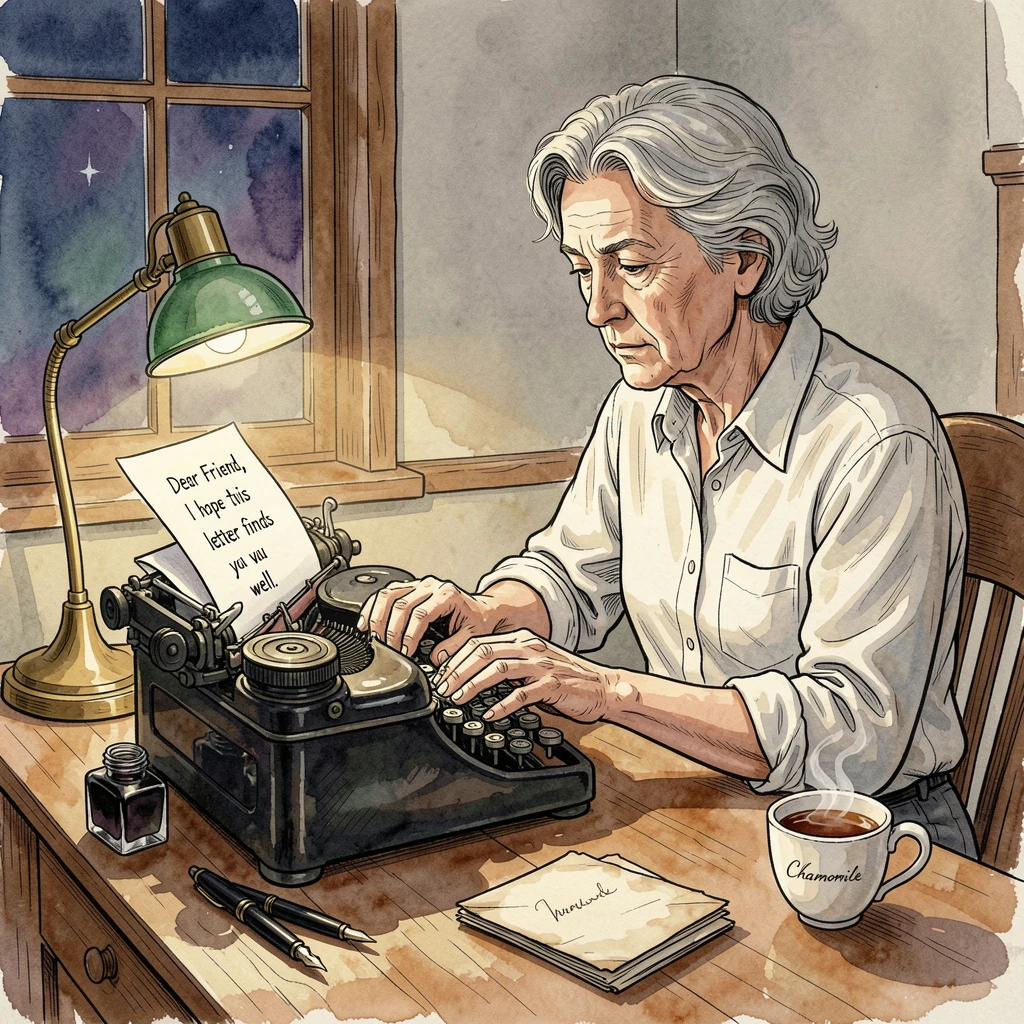 A vintage typewriter enthusiast composing a letter by lamplight, focused concentration evident in every careful movement.
