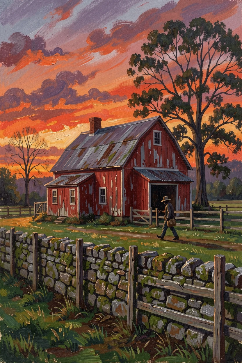 Along a stone wall separating the pastures, an old red barn beside a weathered fence, a farmer walking along the edge of the field at dusk, at sunset, silhouettes of trees standing against a fiery sky.