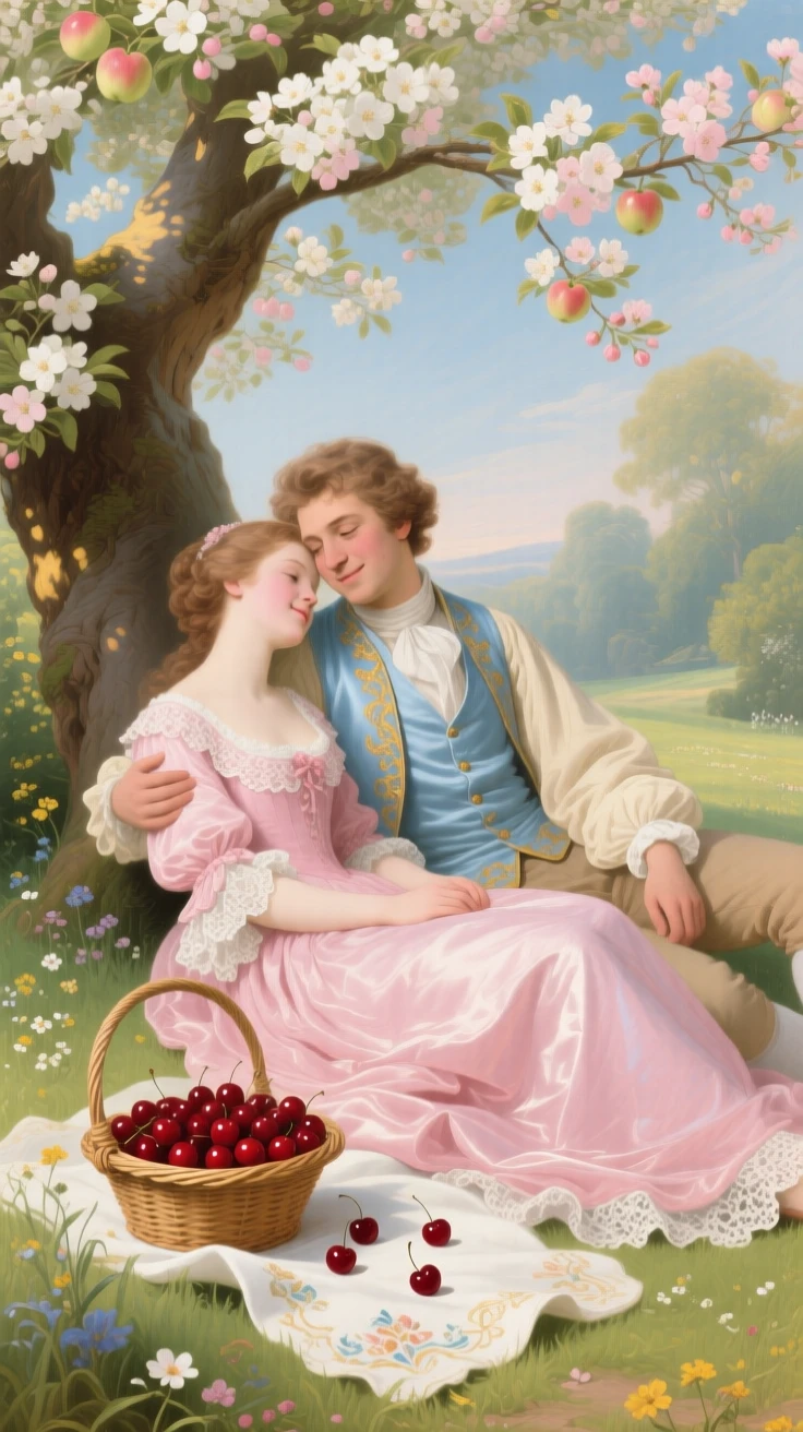 A young couple resting beneath an apple tree with a basket of cherries  