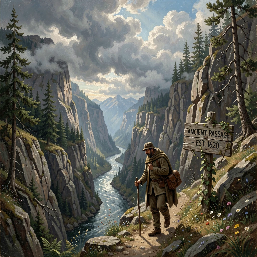 A weary traveler makes its way along a steep gorge cut by an ancient river as clouds swirl below.