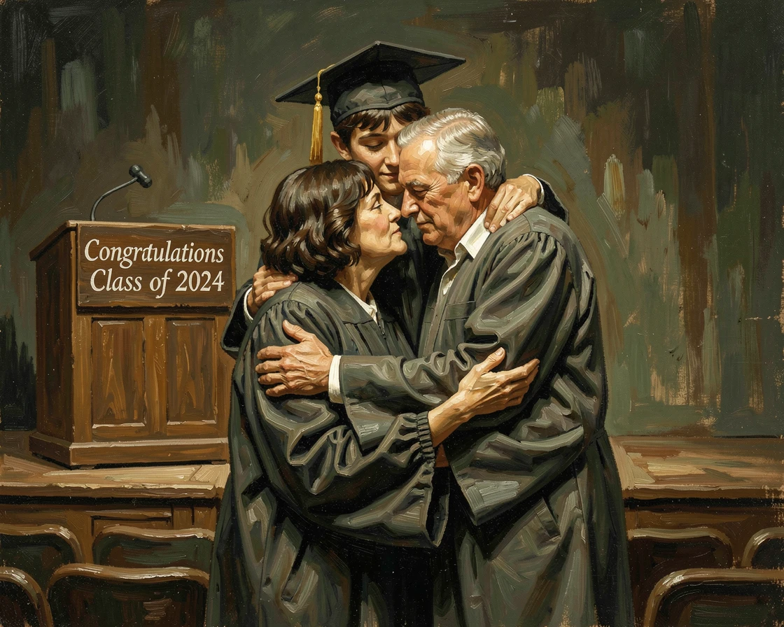 A graduate hugging their parents tightly after walking across the stage, with hands clasped tightly, conveying connection and support, designed to inspire and uplift anyone who views it