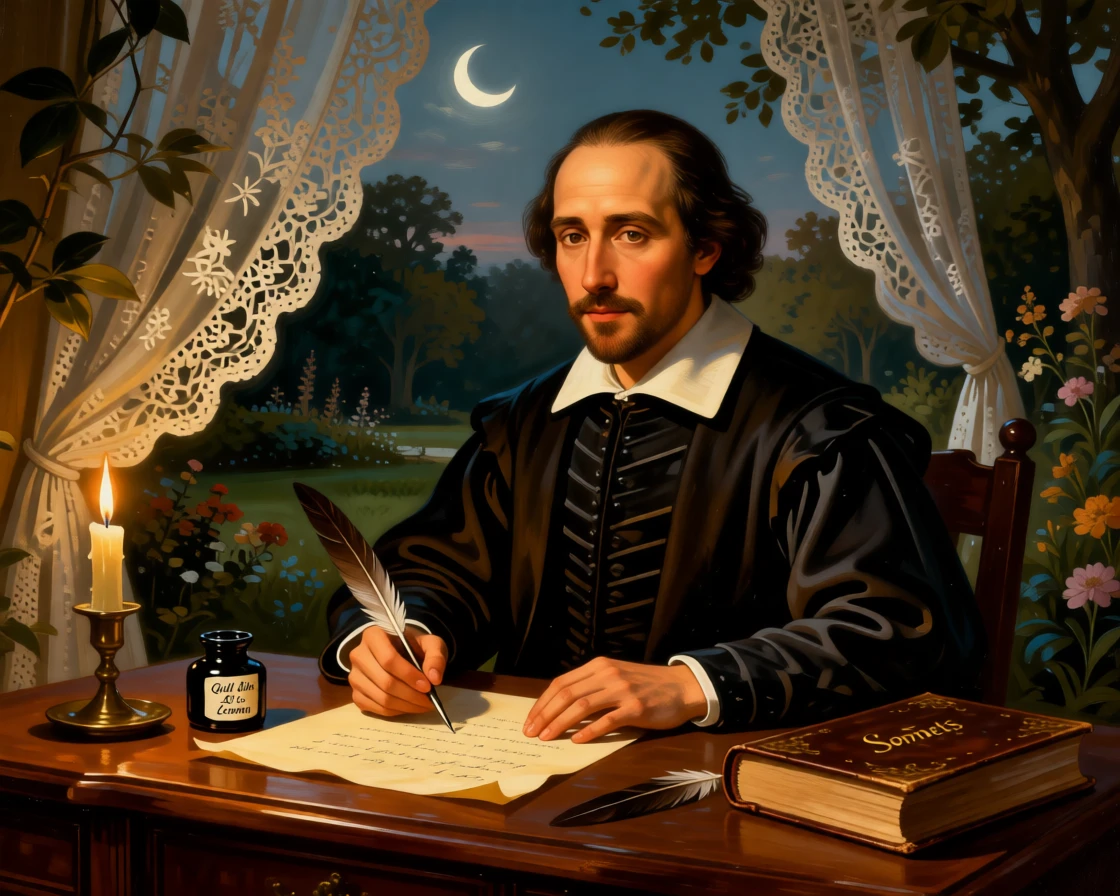 A young Shakespeare scribbling verses by candlelight at the exact moment magic and reality intertwine, set within a moonlit garden fit for legend, with a crescent moon rising behind delicate lace curtains; the composition frames the central figure like a page brought to life, evoking nostalgia, wonder, and the timeless magic of storytelling.