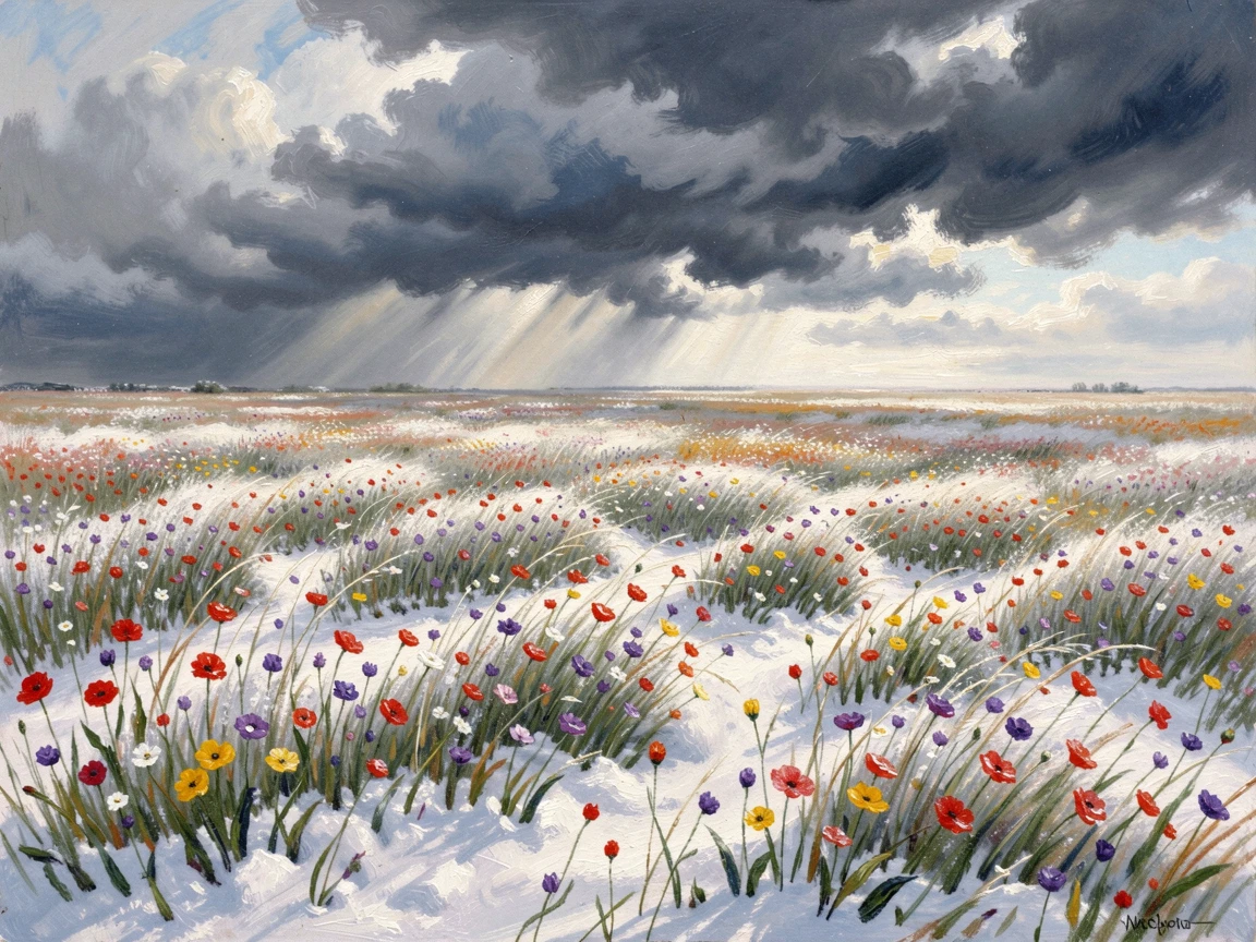 A field of wildflowers bending in the wind beneath an approaching wall of dark storm clouds, under a fresh blanket of snow, capturing a moment of quiet intimacy.