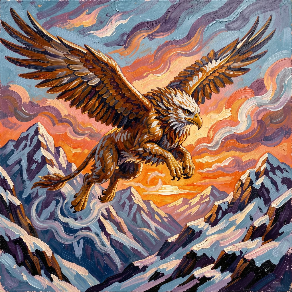 A griffin soaring above snowy mountain peaks at the break of dawn.