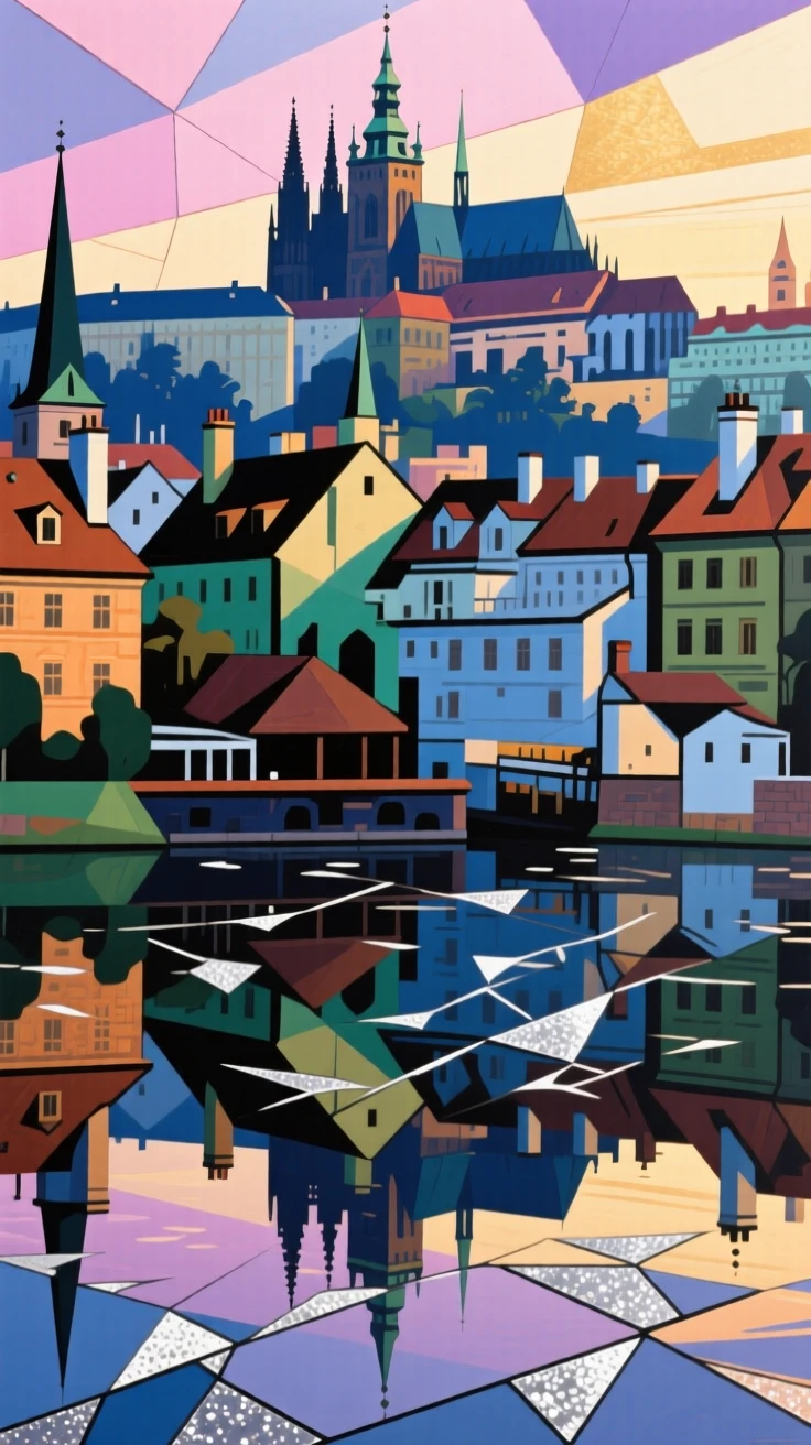 A breathtaking view of the rooftops of Prague, reflected perfectly in still water at dawn.