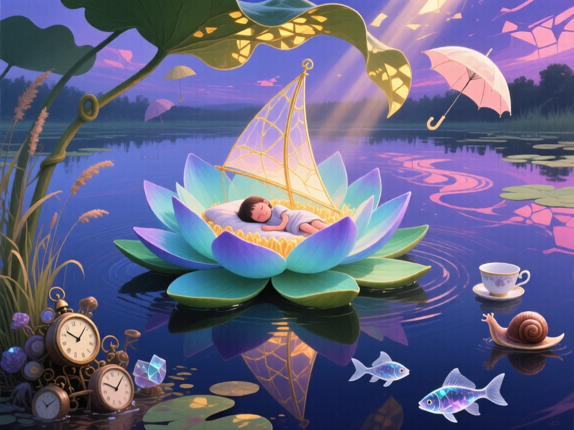 A giant water lily large enough to hold a sleeping child grows quietly at the edge of a still, quiet pond, while soft light filters gently through its leaves.
