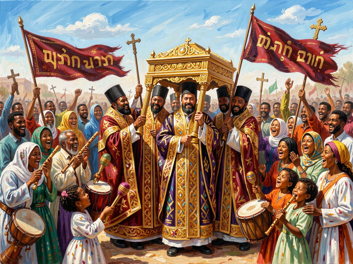 A traditional Ethiopian Timkat festival shows priests in ornate robes carrying replicas of the Ark of the Covenant through celebrating crowds, the atmosphere charged with music, movement, and a shared sense of celebration.