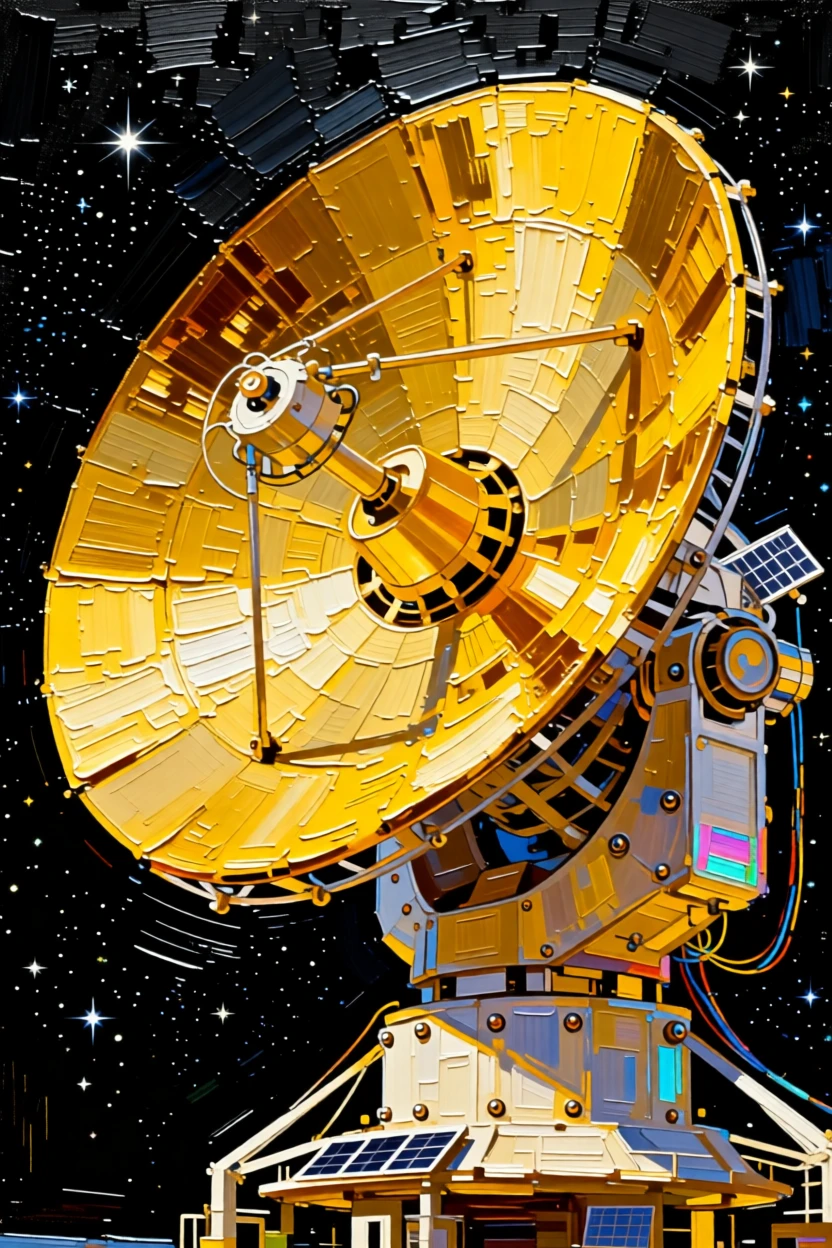 A colossal space telescope unfolding its golden mirror against the blackness of deep space