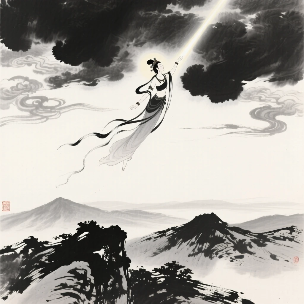 A celestial figure descends from the heavens on a beam of light, as clouds part gently to reveal the mountains far below.
