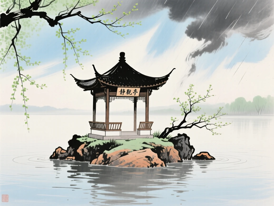 A lone pavilion on a small island in the middle of a lake, in early spring, under clearing skies after a storm.
