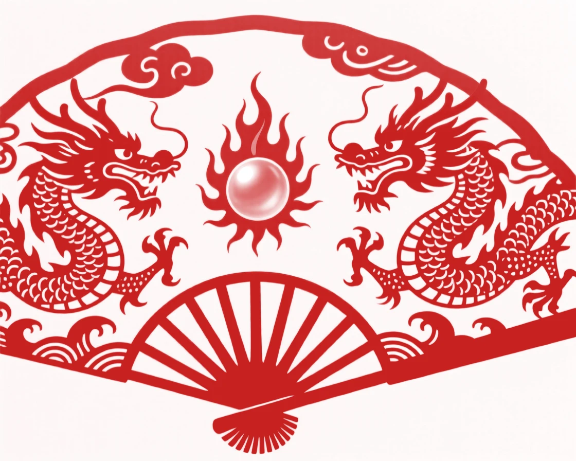 A design of a fan-shaped composition featuring paired dragons chasing a flaming pearl, radiating outward from a central focal point.