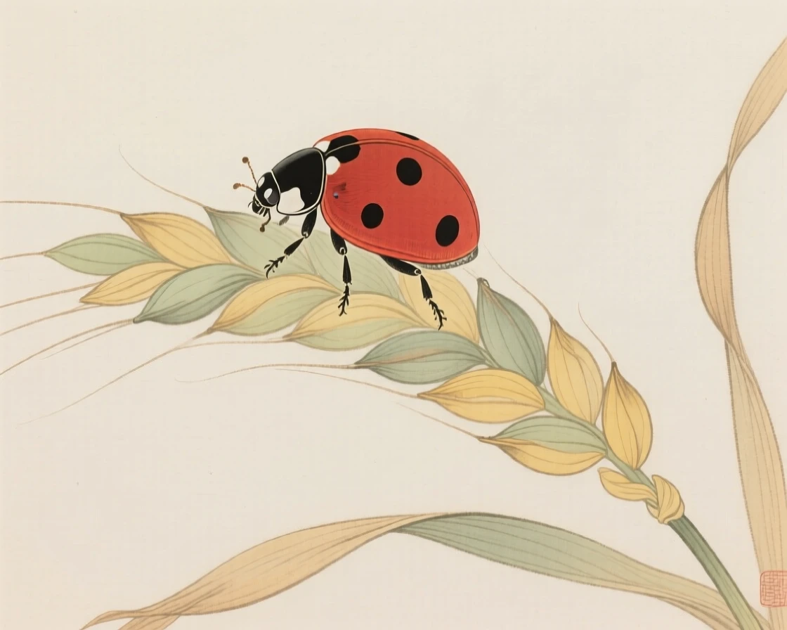 A ladybird beetle perched on a stalk of ripening wheat