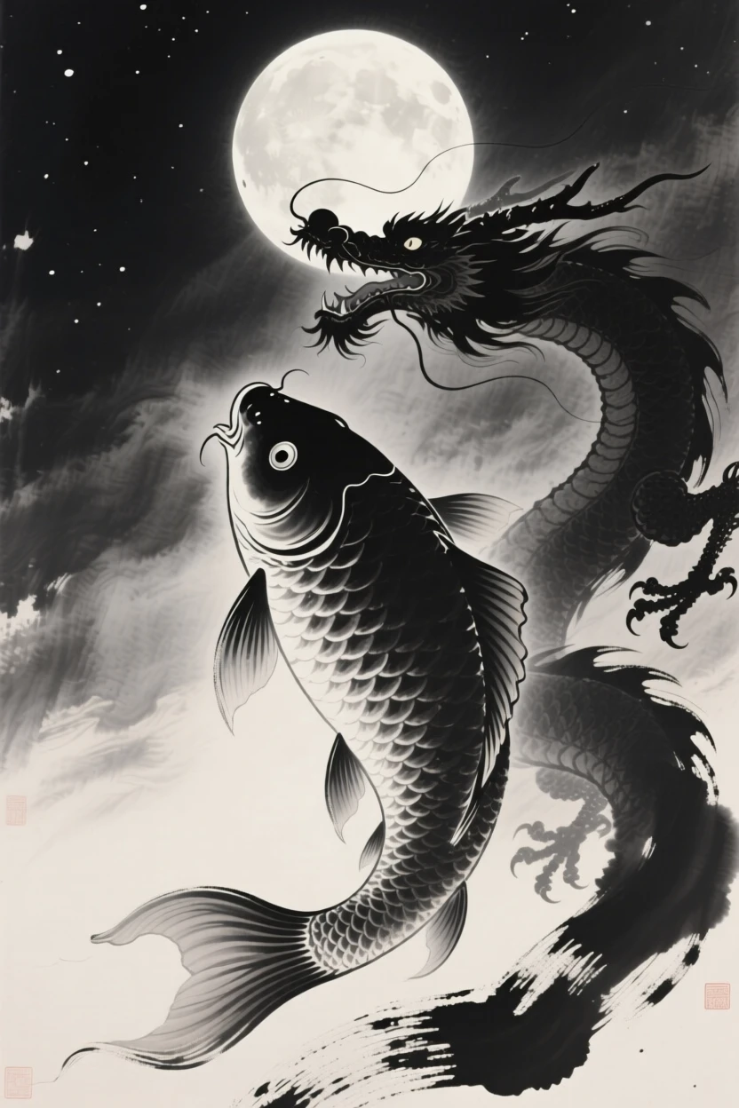 A giant koi transforming into a rising dragon beneath the glow of a full harvest moon, seen from below, looking up in quiet awe, carrying a sense of magic woven into the natural world.