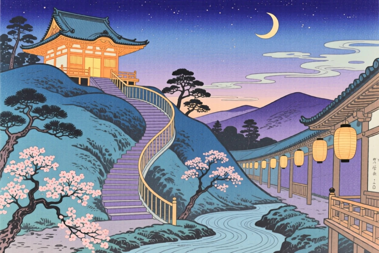 A spiral staircase winding toward a glowing temple, glowing warmly at twilight.