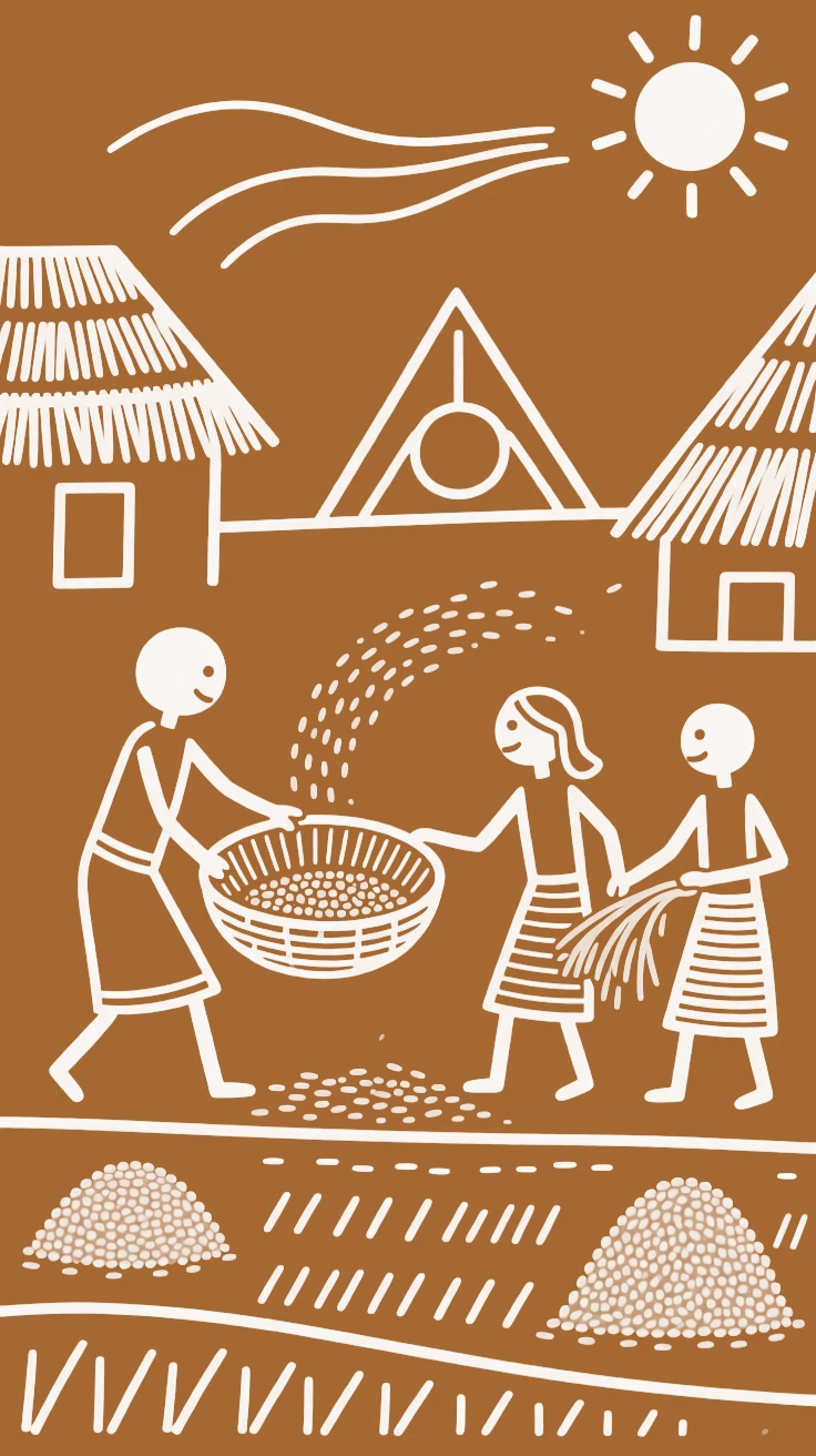 A farming family separating grain from chaff in the afternoon breeze.