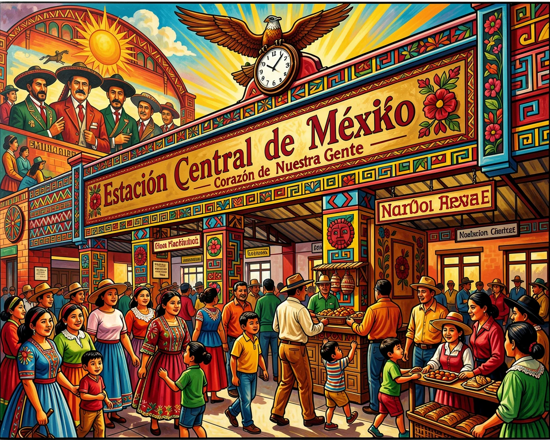 A bustling train station filled with travelers and light