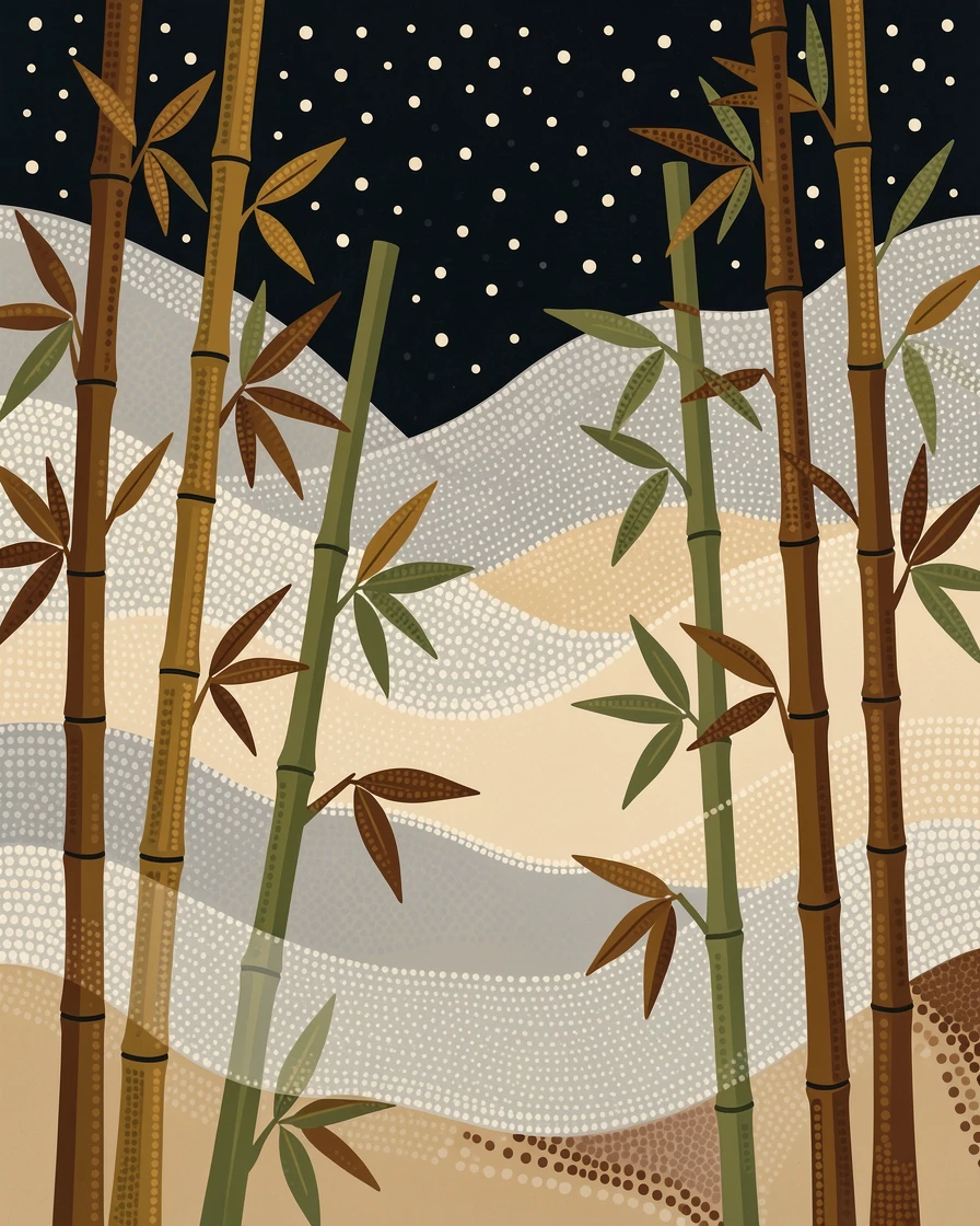 A misty bamboo forest beneath a starry night sky