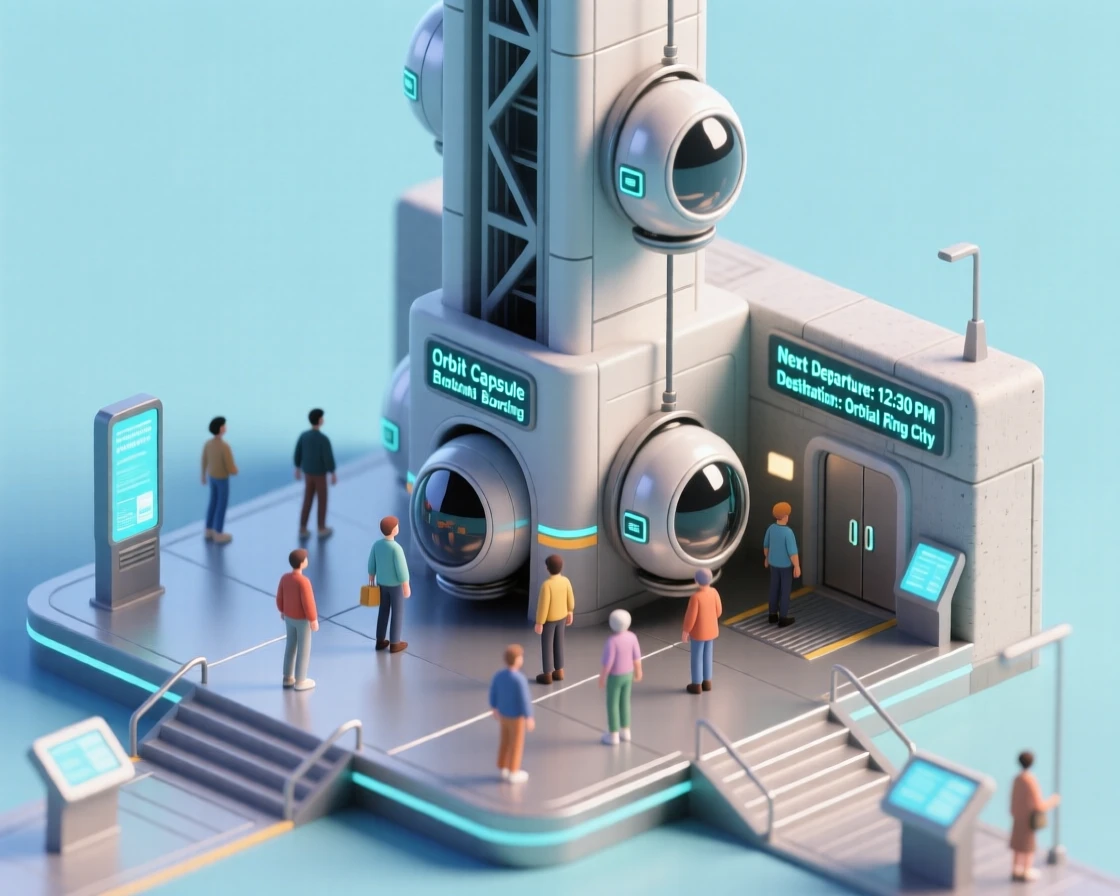 A space elevator terminal bustling with travelers boarding capsules bound for an orbital ring city above.