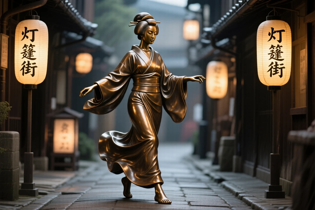 A geisha walking gracefully through a lantern-lit street, captured at the peak of a powerful movement, forming a strong central focal point