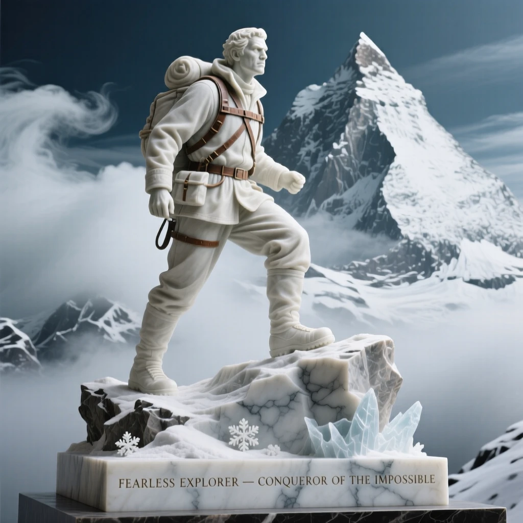 A beautifully composed image of a fearless explorer atop a snowy peak, amid swirling clouds and mist, full of atmosphere and visual storytelling
