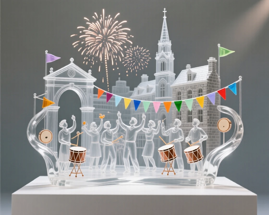 A group celebrating with fireworks over a historic city beneath strings of colorful flags stretched between buildings, while drums echo steadily through the crowd