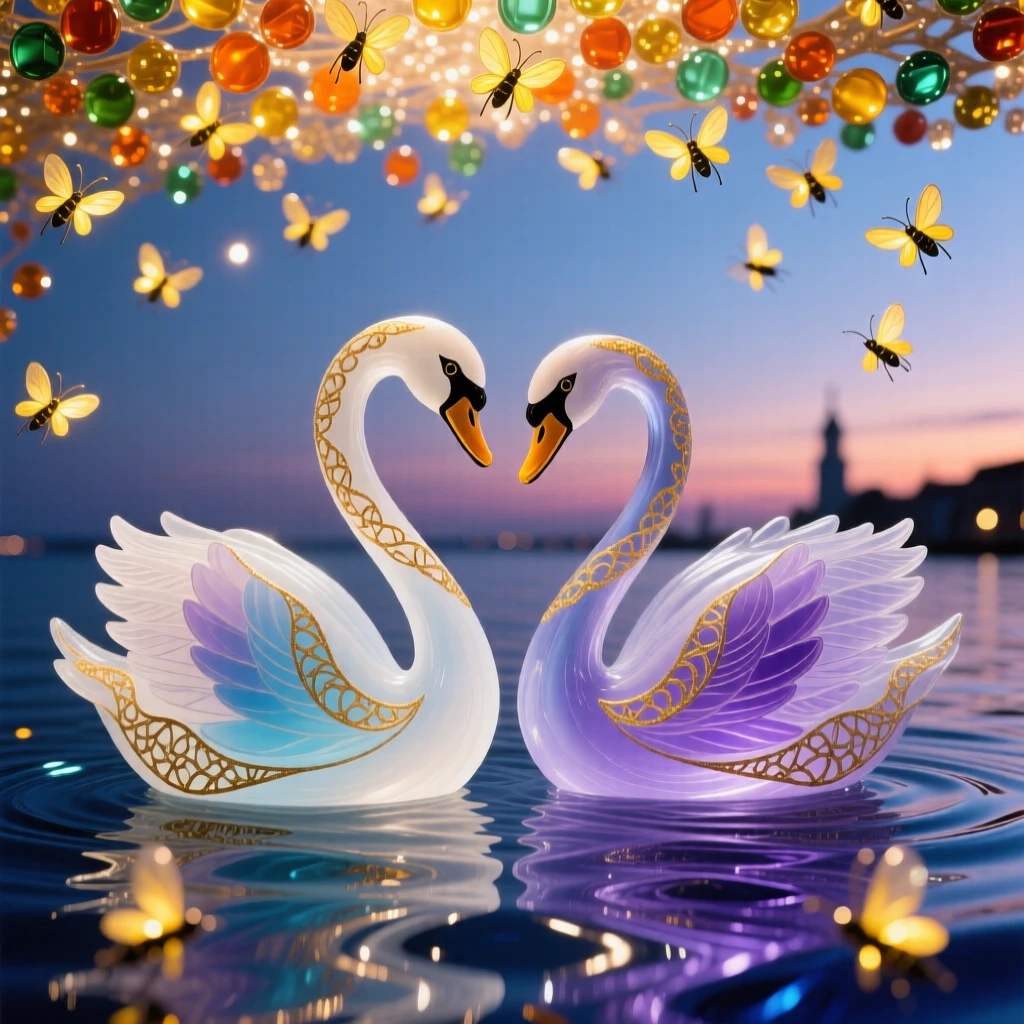 A pair of swans gliding beneath a canopy of fireflies at the height of dusk, magical and serene.
