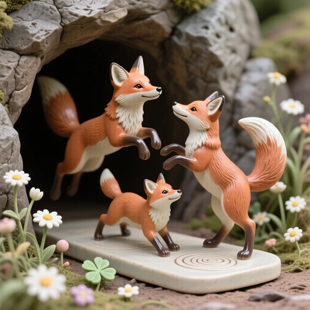 A family of foxes at a den entrance caught in a playful leap, surrounded by wildflowers in soft bloom, evoking a quiet sense of wild dignity.