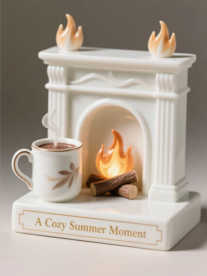 A cozy summer moment: hot cocoa and a crackling fireplace, full of gentle, cozy charm.