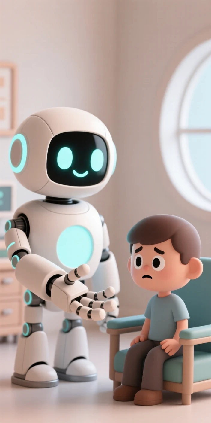 A gentle robot therapist listens patiently, offering a warm mechanical hand to a nervous first-time patient.