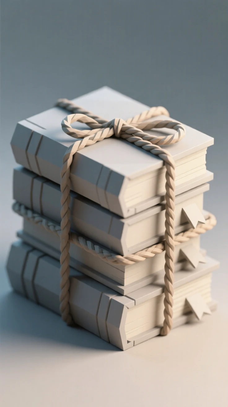 A stack of old books tied with twine, bathed in warm afternoon light. muted tones give the scene a timeless quality. A sense of quiet history fills the objects.
