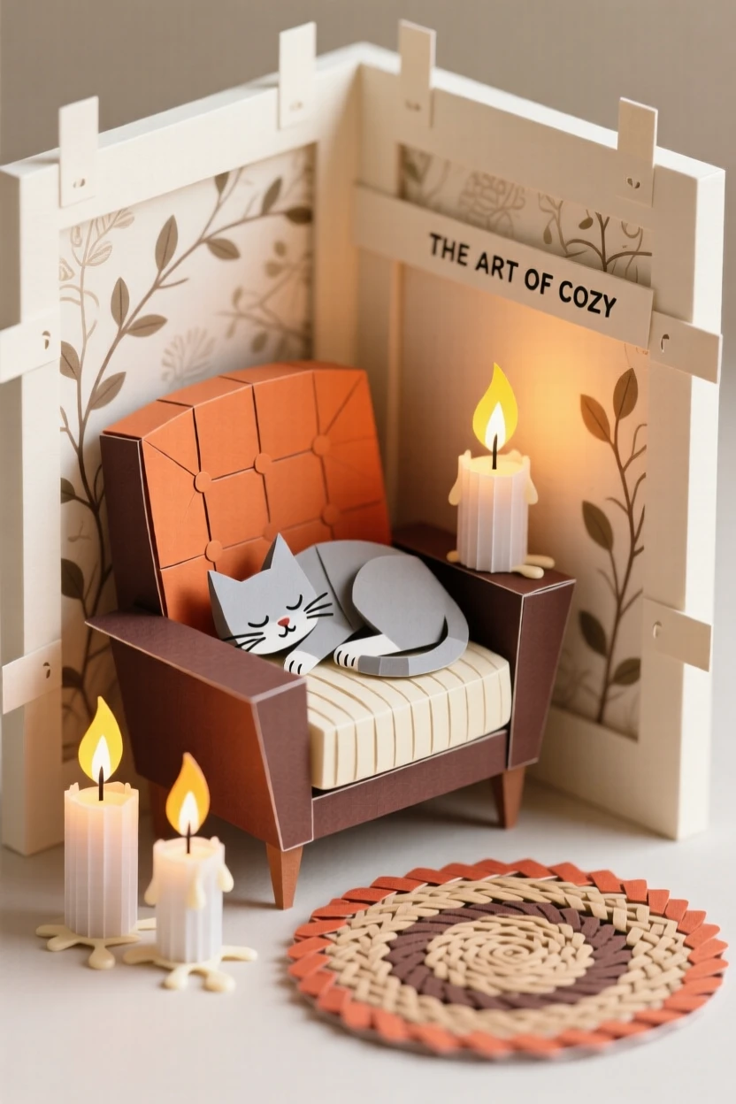 A cozy reading nook with a sleeping cat lit softly by flickering candlelight, with a content pet curled up close by, evoking cozy domestic warmth.