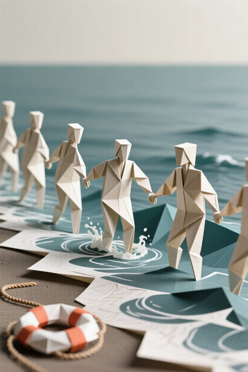 A group of strangers forming a human chain to help someone caught in a rip current.