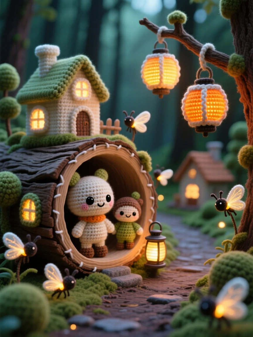 a miniature village built inside a hollow log, with tiny glowing windows, nestled along a quiet forest path, surrounded by softly glowing fireflies, with a cluster of miniature glowing lanterns, evoking playful imagination brought to life.
