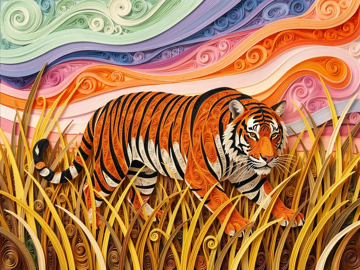 a tiger prowling through tall golden grass, beneath a sky shimmering with soft aurora colors, shot from a low, powerful ground-level angle, under a blazing orange and pink sunset sky.