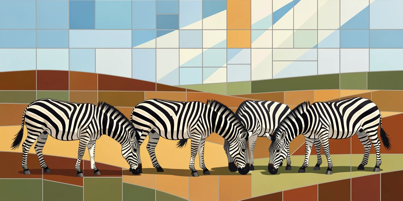 A herd of zebras grazing on the open savanna, captured in soft natural light with a shallow depth of field.
