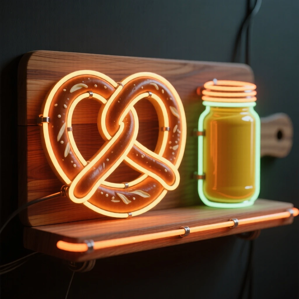 A wooden board of fresh baked pretzels beside a jar of mustard.