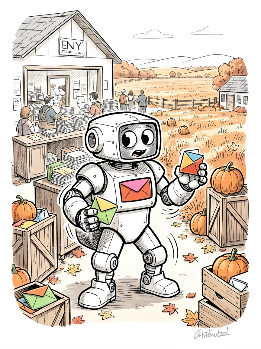 A mail-sorting robot assistant in a busy post office on a sprawling autumn farm.