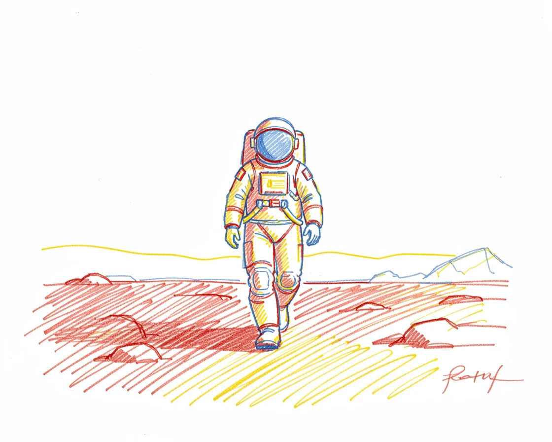 An astronaut walking across a rust-colored Martian landscape