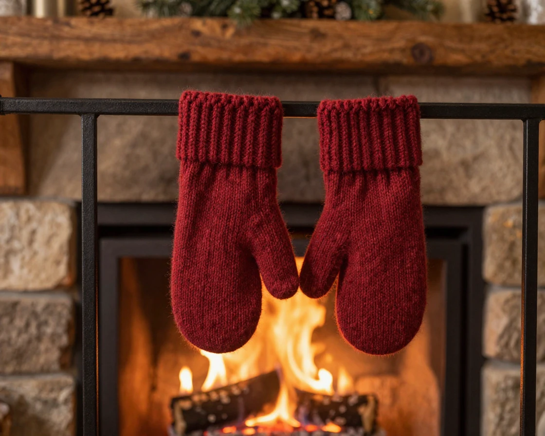 A pair of mittens drying by a warm fireplace
